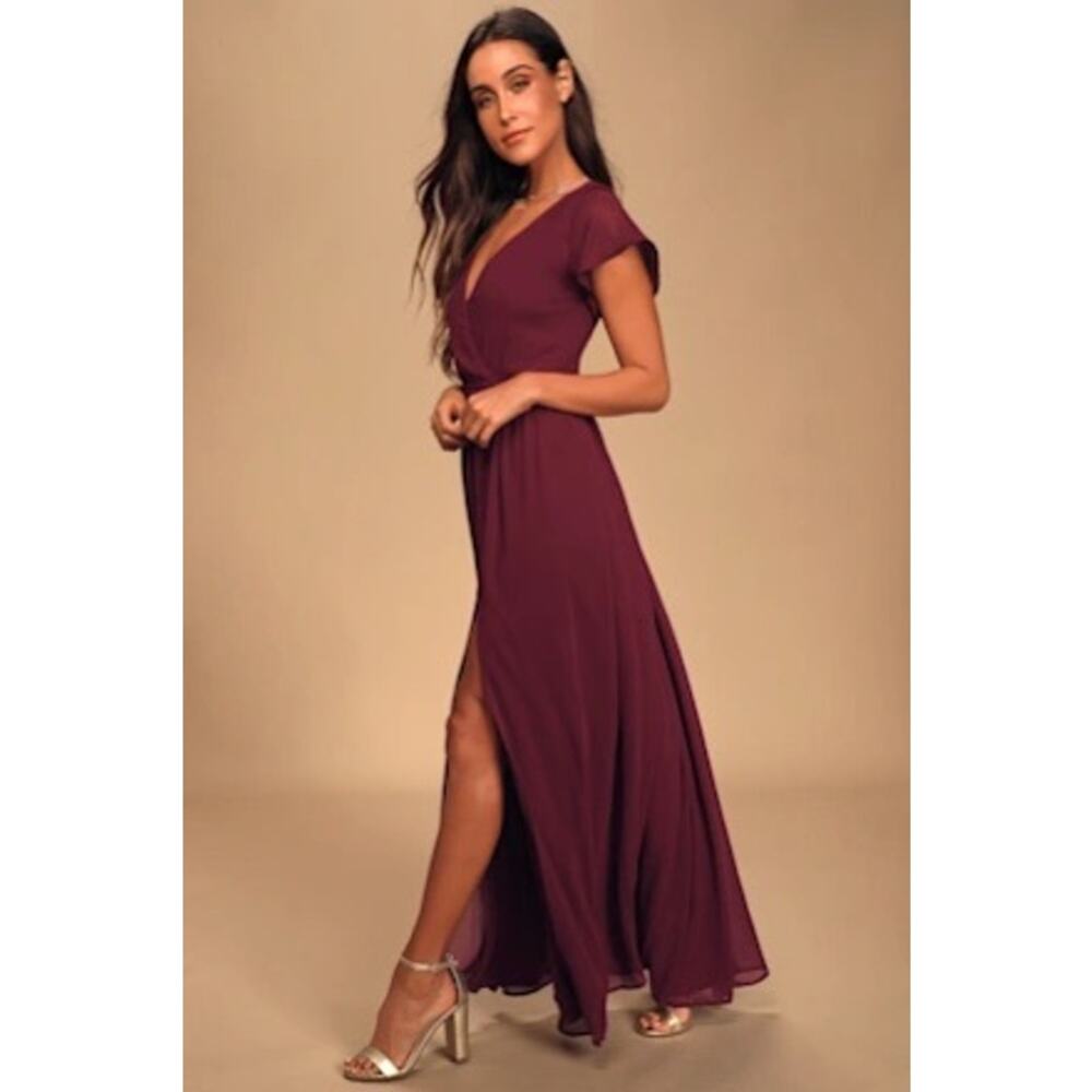Lulu's Wine V-Neck Maxi Dress with Side Slit - Picture 2 of 11